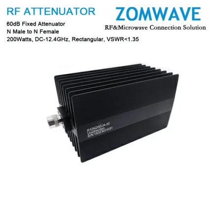 60dB Fixed Attenuator, N Male to N Female, 200Watts, DC-12.4GHz, Rectangular, VSWR1.35