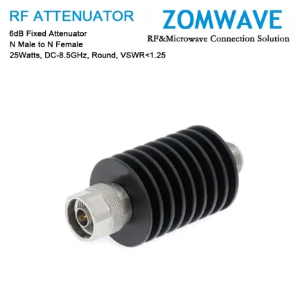 6dB Fixed Attenuator, N Male to N Female, 25Watts, DC-8.5GHz, Round, VSWR1.25