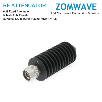 6dB Fixed Attenuator, N Male to N Female, 30Watts, DC-8.5GHz, Round, VSWR1.25