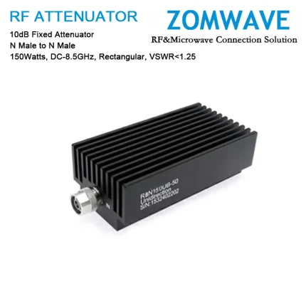 10dB Fixed Attenuator, N Male to N Male, 150Watts, DC-8.5GHz, Rectangular, VSWR1.25