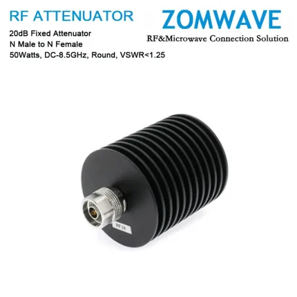 20dB Fixed Attenuator, N Male to N Female, 50Watts, DC-8.5GHz, Round, VSWR1.25