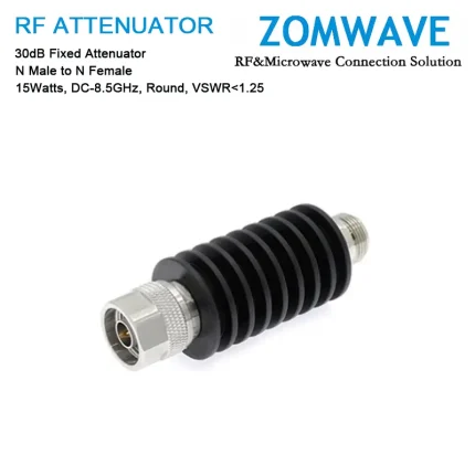 30dB Fixed Attenuator, N Male to N Female, 15Watts, DC-8.5GHz, Round, VSWR1.25