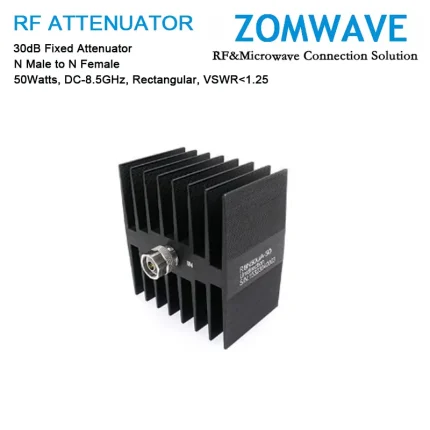 30dB Fixed Attenuator, N Male to N Female, 50Watts, DC-8.5GHz, Rectangular, VSWR1.25