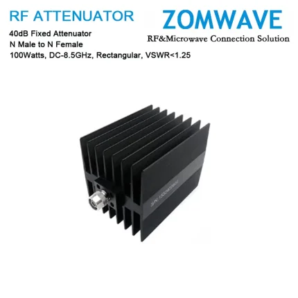 40dB Fixed Attenuator, N Male to N Female, 100Watts, DC-8.5GHz, Rectangular, VSWR1.25