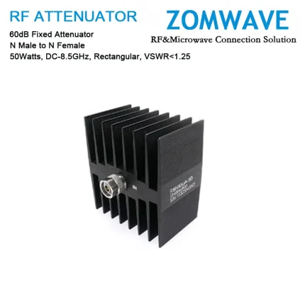 60dB Fixed Attenuator, N Male to N Female, 50Watts, DC-8.5GHz, Rectangular, VSWR1.25