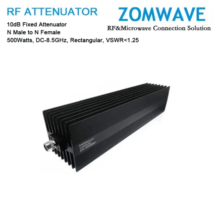 10dB Fixed Attenuator, N Male to N Female, 500Watts, DC-8.5GHz, Rectangular, VSWR1.25