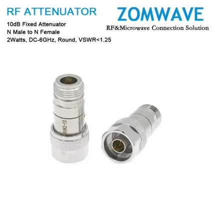 10dB Fixed Attenuator, N Male to N Female, 2Watts, DC-6GHz, Round, VSWR1.25