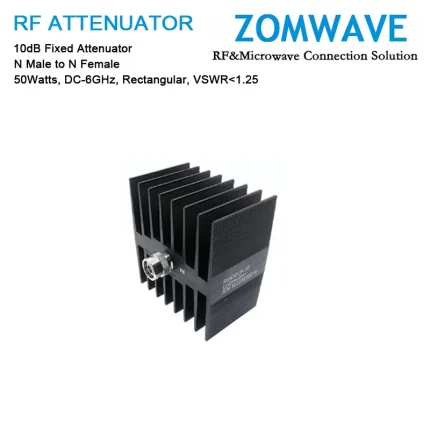 10dB Fixed Attenuator, N Male to N Female, 50Watts, DC-6GHz, Rectangular, VSWR1.25
