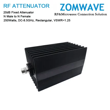 20dB Fixed Attenuator, N Male to N Female, 250Watts, DC-8.5GHz, Rectangular, VSWR1.25
