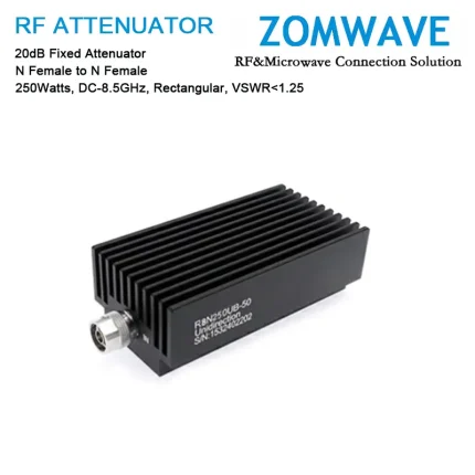 20dB Fixed Attenuator, N Female to N Female, 250Watts, DC-8.5GHz, Rectangular, VSWR1.25