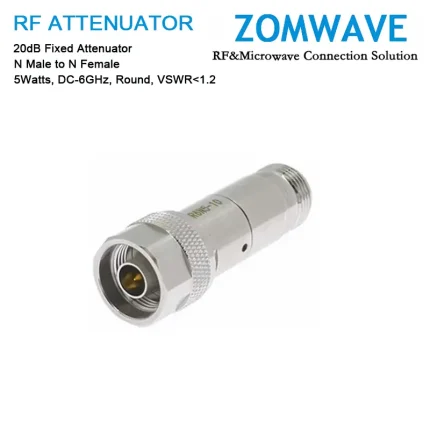 20dB Fixed Attenuator, N Male to N Female, 5Watts, DC-6GHz, Round, VSWR1.2