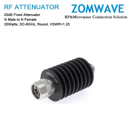 20dB Fixed Attenuator, N Male to N Female, 20Watts, DC-6GHz, Round, VSWR1.25