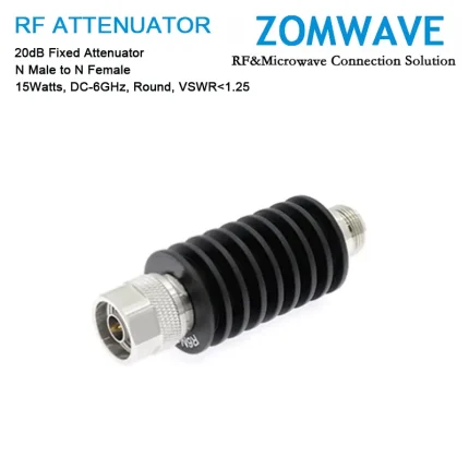 20dB Fixed Attenuator, N Male to N Female, 15Watts, DC-6GHz, Round, VSWR1.25