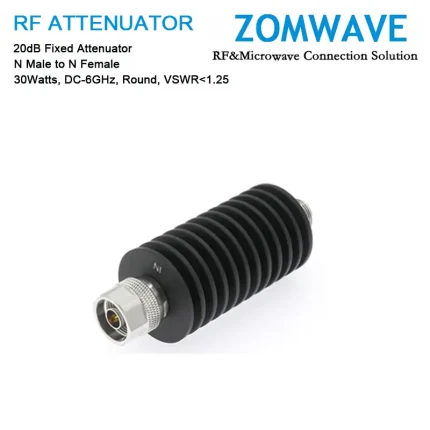 20dB Fixed Attenuator, N Male to N Female, 30Watts, DC-6GHz, Round, VSWR1.25