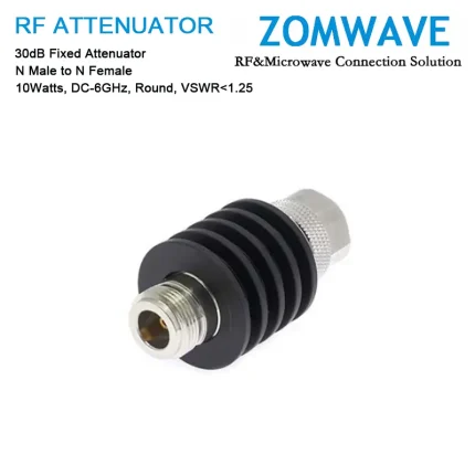 30dB Fixed Attenuator, N Male to N Female, 10Watts, DC-6GHz, Round, VSWR1.25