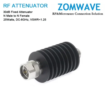 30dB Fixed Attenuator, N Male to N Female, 25Watts, DC-6GHz, VSWR1.25