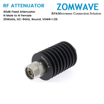 40dB Fixed Attenuator, N Male to N Female, 25Watts, DC-6GHz, Round, VSWR1.25