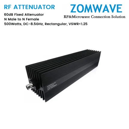 60dB Fixed Attenuator, N Male to N Female, 500Watts, DC-8.5GHz, Rectangular, VSWR1.25