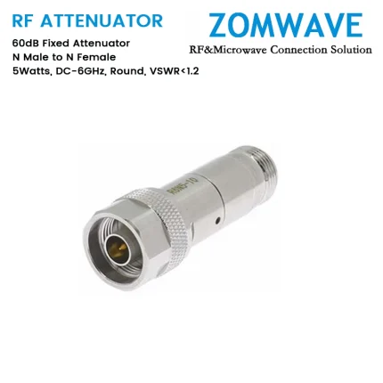 60dB Fixed Attenuator, N Male to N Female, 5Watts, DC-6GHz, Round, VSWR1.2