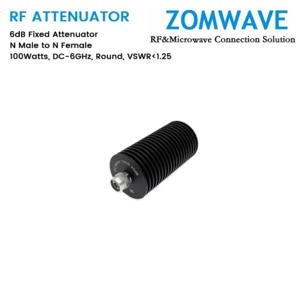 6dB Fixed Attenuator, N Male to N Female, 100Watts, DC-6GHz, Round, VSWR1.25
