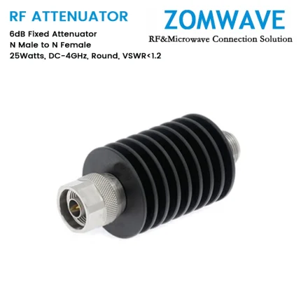 6dB Fixed Attenuator, N Male to N Female, 25Watts, DC-4GHz, Round, VSWR1.2