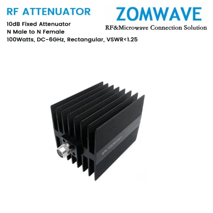 10dB Fixed Attenuator, N Male to N Female, 100Watts, DC-6GHz, Rectangular, VSWR1.25