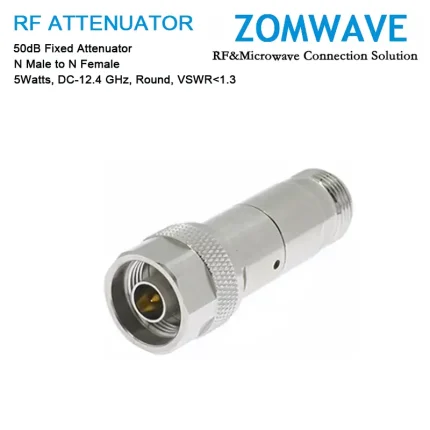 50dB Fixed Attenuator, N Male to N Female, 5Watts, DC-12.4GHz, Round, VSWR1.3