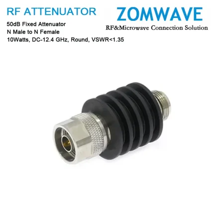50dB Fixed Attenuator, N Male to N Female, 10Watts, DC-12.4GHz, Round, VSWR1.35
