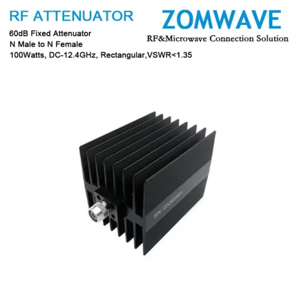 60dB Fixed Attenuator, N Male to N Female, 100Watts, DC-12.4GHz, Rectangular, VSWR1.35