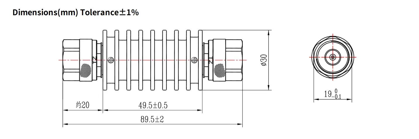 60dB Fixed Attenuator, N Male to N Male, 10Watts, DC-12.4GHz, Round, VSWR1.35