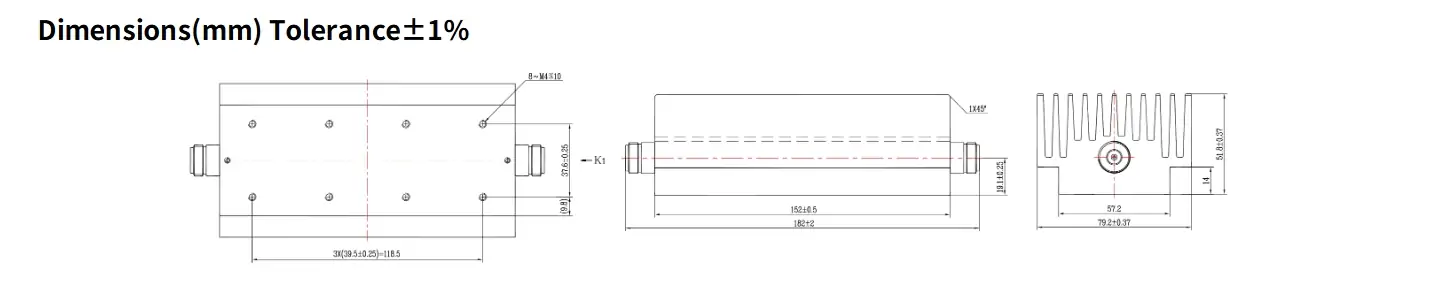 40dB Fixed Attenuator, N Female to N Female, 200Watts, DC-12.4GHz, VSWR1.35