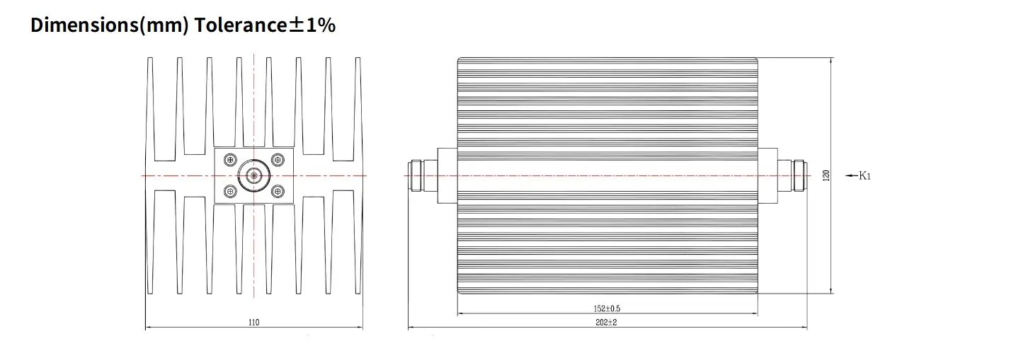 60dB Fixed Attenuator, N Female to N Female, 150Watts, DC-12.4GHz, Rectangular, VSWR1.35