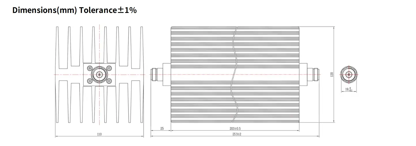 60dB Fixed Attenuator, N Female to N Female, 200Watts, DC-12.4GHz, Rectangular, VSWR1.35