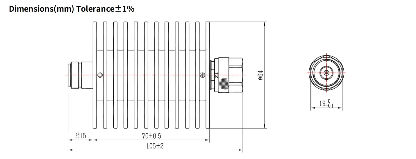 6dB Fixed Attenuator, N Male to N Female, 50Watts, DC-8.5GHz, Round, VSWR1.25