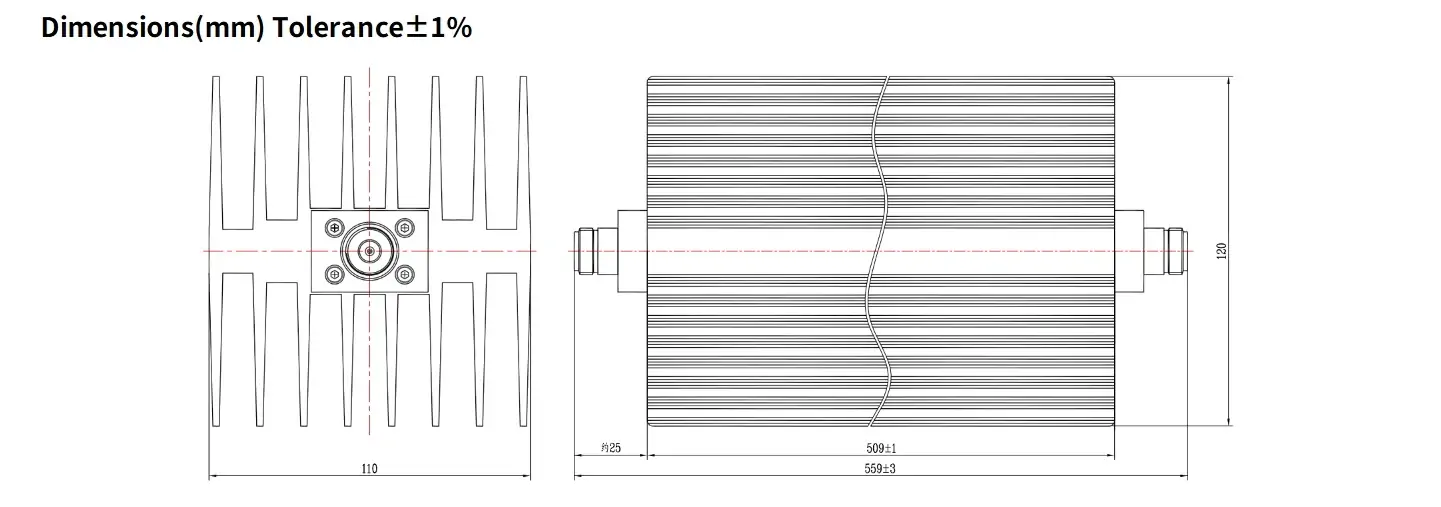 10dB Fixed Attenuator, N Female to N Female, 500Watts, DC-12.4GHz, Rectangular, VSWR1.35
