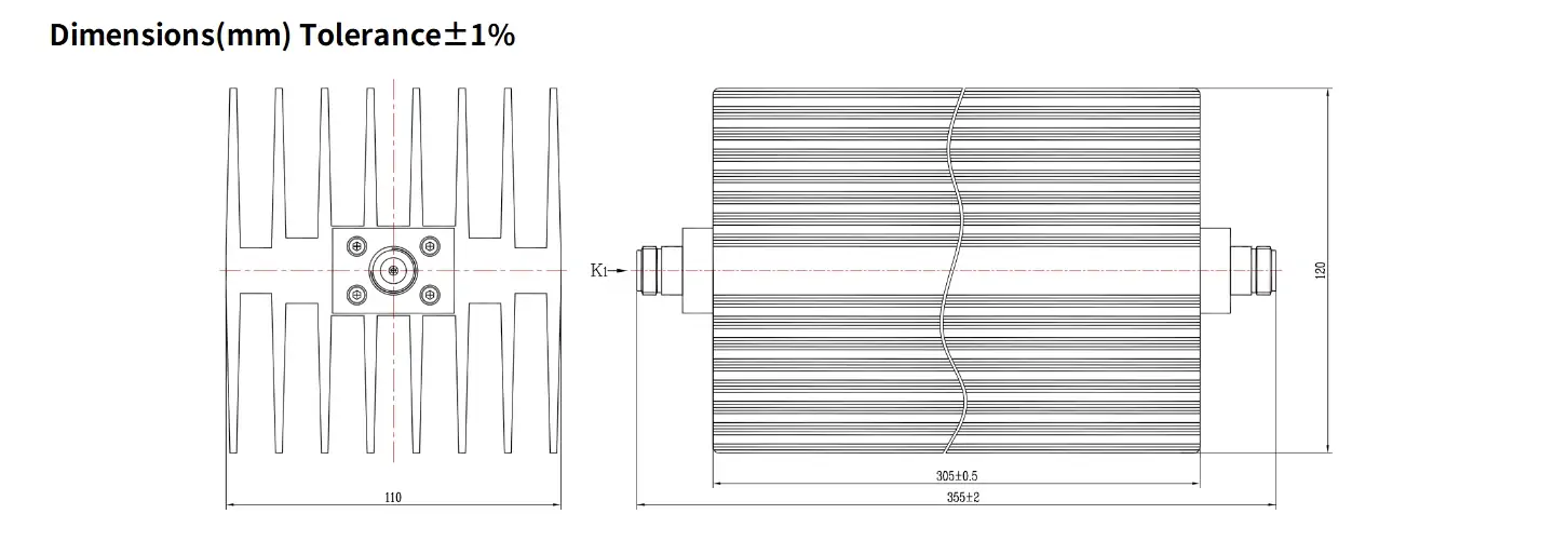 20dB Fixed Attenuator, N Female to N Female, 300Watts, DC-12.4GHz, Rectangular, VSWR1.35