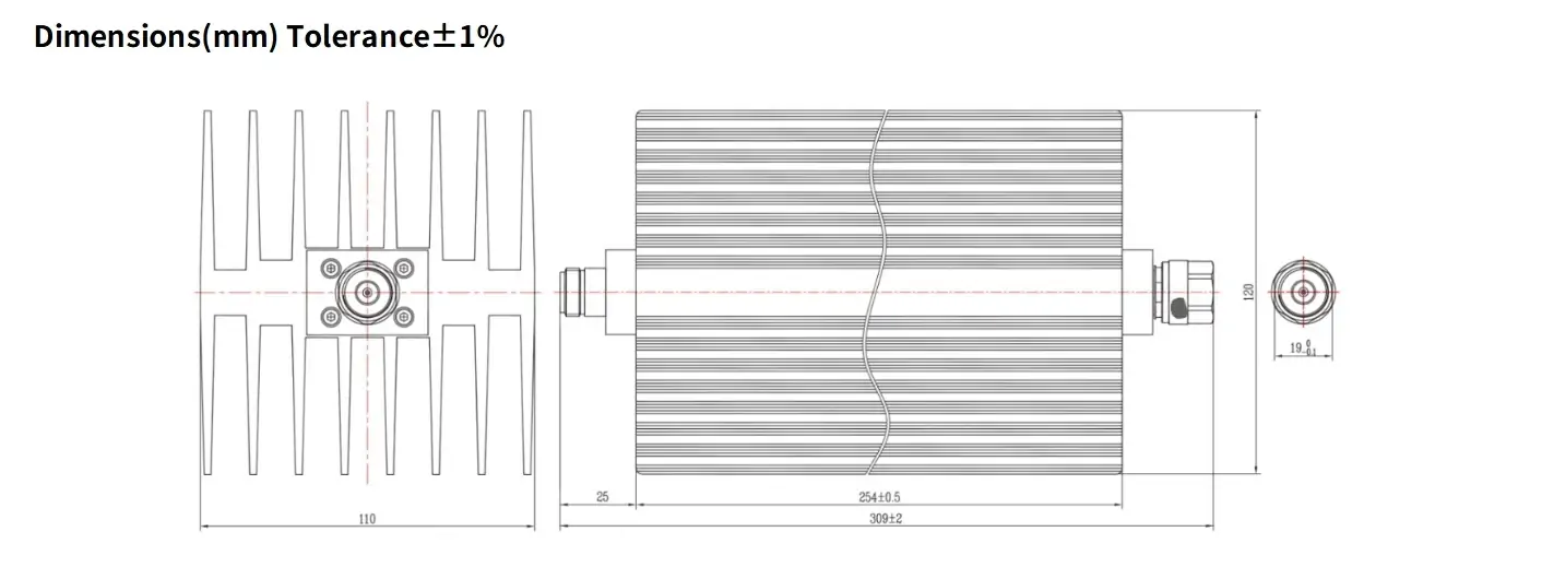 30dB Fixed Attenuator, N Male to N Female, 250Watts, DC-12.4GHz, Rectangular, VSWR1.35
