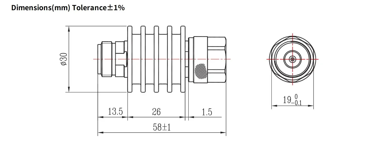 40dB Fixed Attenuator, N Male to N Female, 10Watts, DC-8.5GHz, Round, VSWR1.25