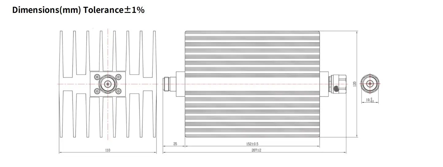 50dB Fixed Attenuator, N Male to N Female, 100Watts, DC-12.4GHz, Rectangular, VSWR1.35
