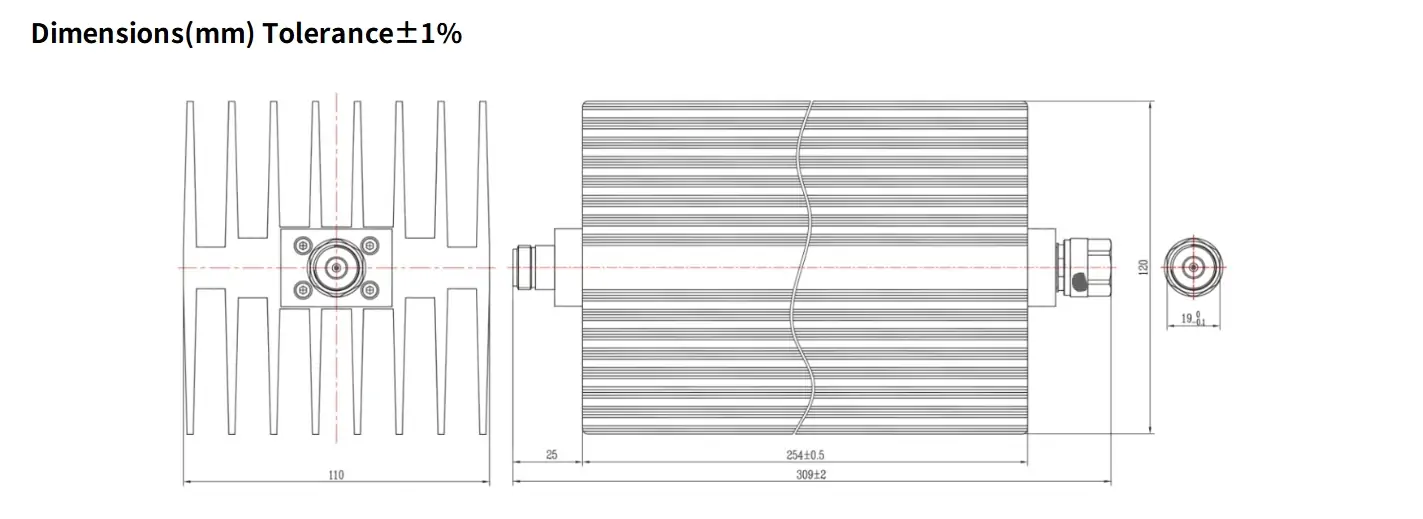 50dB Fixed Attenuator, N Male to N Female, 250Watts, DC-12.4GHz, Rectangular, VSWR1.35
