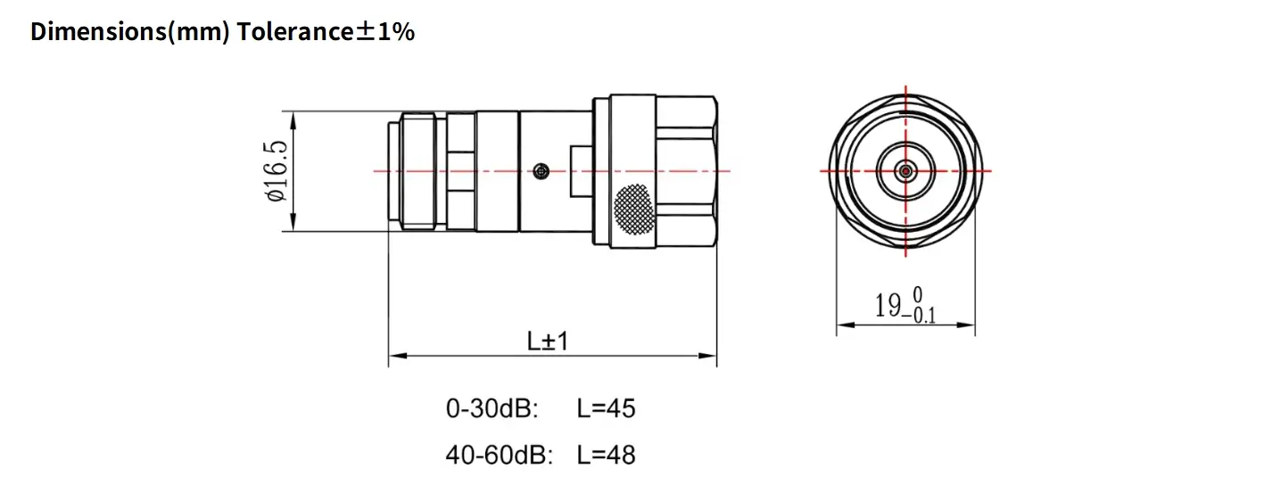 50dB Fixed Attenuator, N Male to N Female, 2Watts, DC-8.5GHz, Round, VSWR1.25