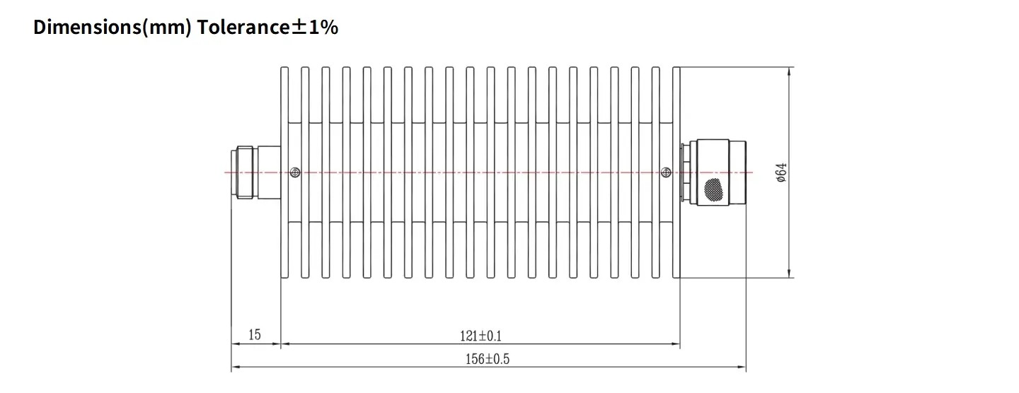 60dB Fixed Attenuator, N Male to N Female, 100Watts, DC-12.4GHz, Round, VSWR1.35
