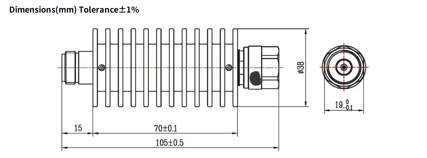 20dB Fixed Attenuator, N Male to N Female, 30Watts, DC-8.5GHz, Round, VSWR1.25