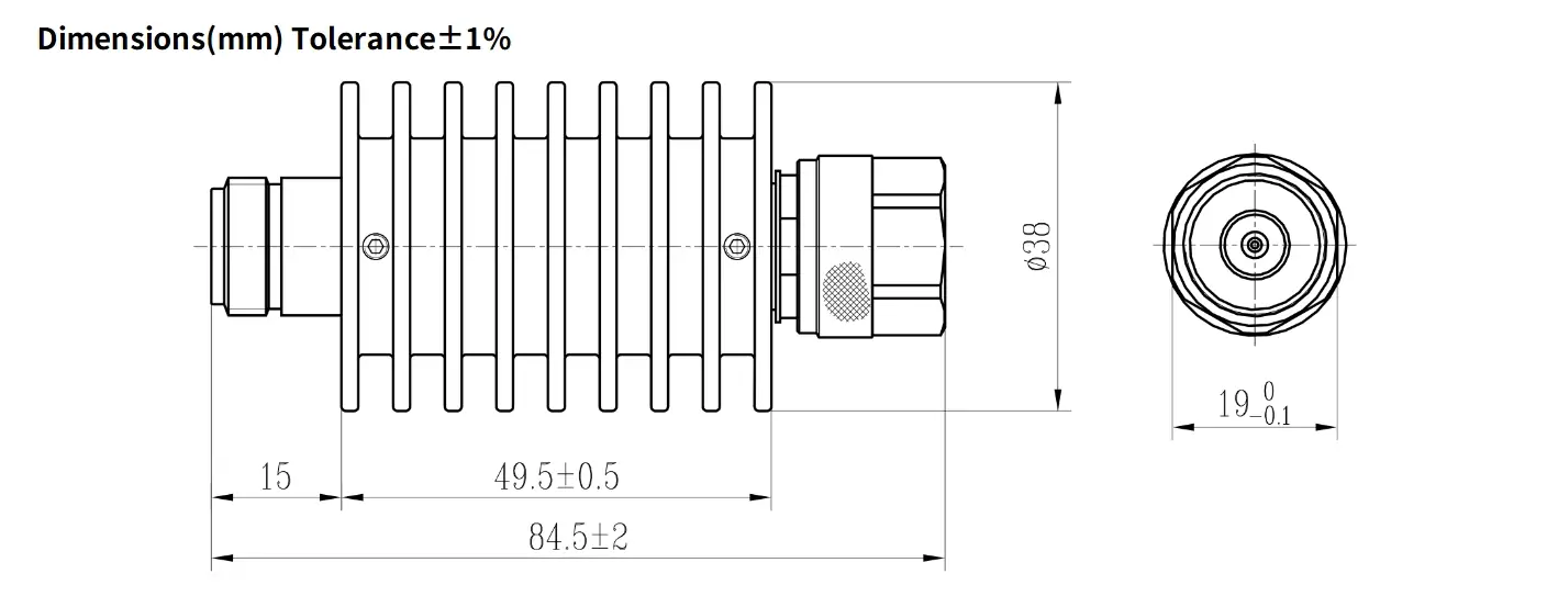 40dB Fixed Attenuator, N Male to N Female, 20Watts, DC-8.5GHz, Round, VSWR1.25
