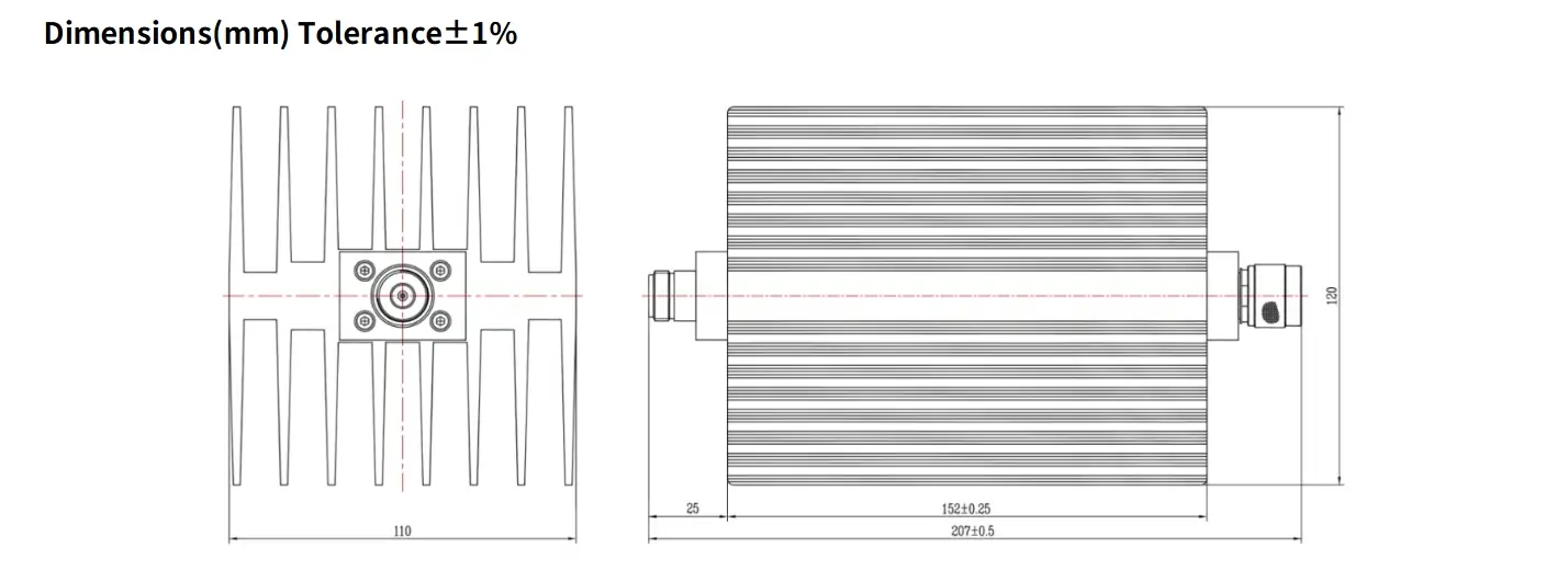 40dB Fixed Attenuator, N Male to N Female, 150Watts, DC-8.5GHz, Rectangular, VSWR1.25