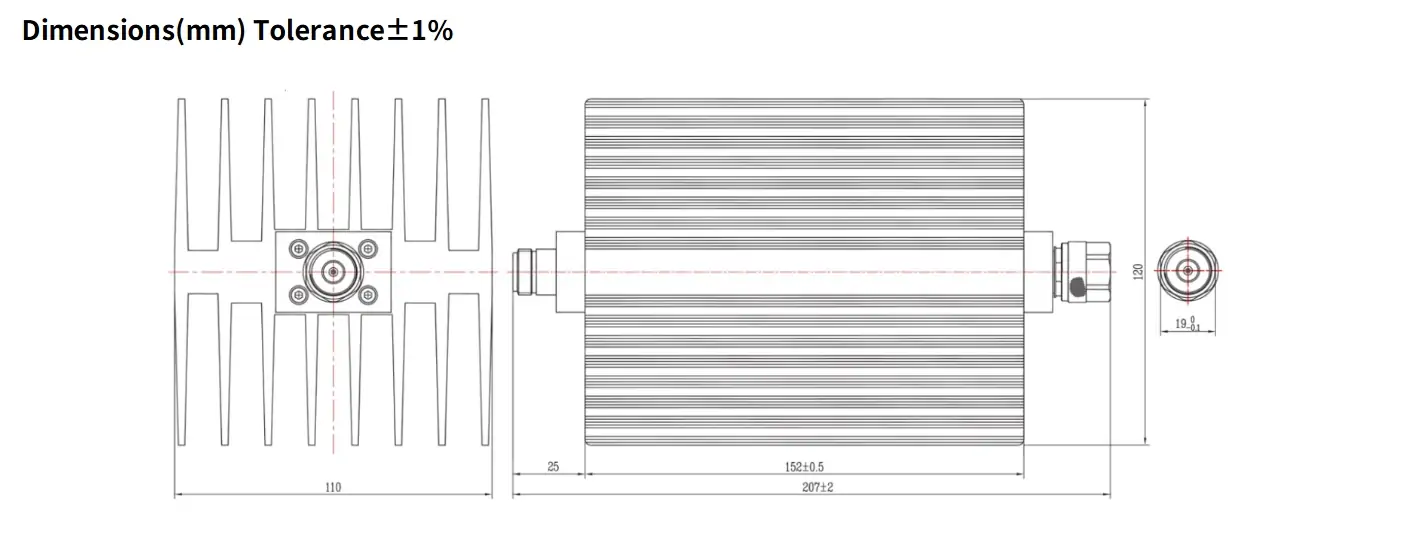 50dB Fixed Attenuator, N Male to N Female, 100Watts, DC-8.5GHz, Rectangular, VSWR1.25