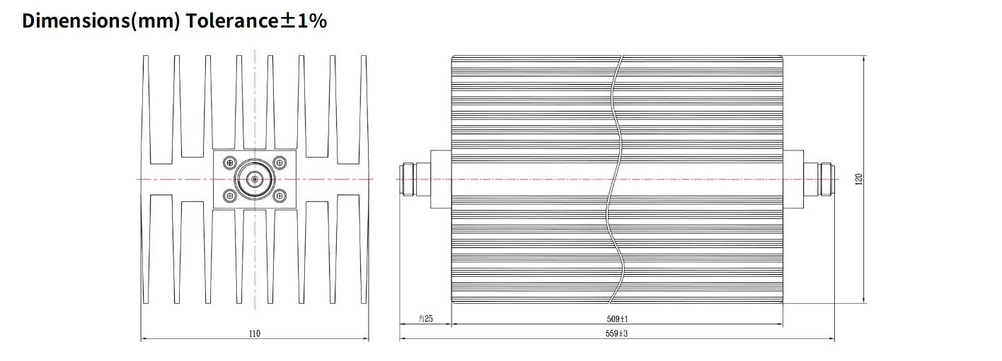 10dB Fixed Attenuator, N Female to N Female, 500Watts, DC-8.5GHz, Rectangular, VSWR1.3