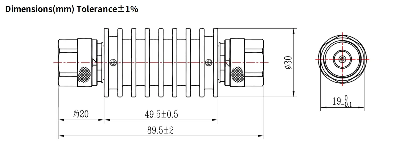 20dB Fixed Attenuator, N Male to N Male, 10Watts, DC-6GHz, Round, VSWR1.2