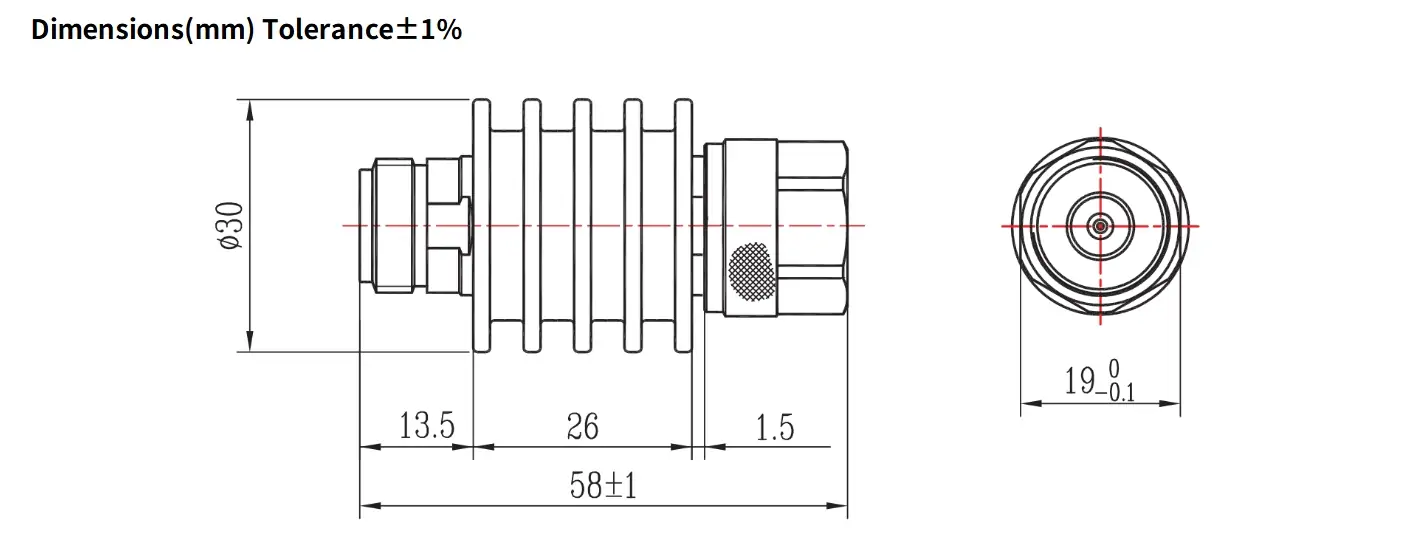 20dB Fixed Attenuator, N Male to N Female, 10Watts, DC-6GHz, Round, VSWR1.25