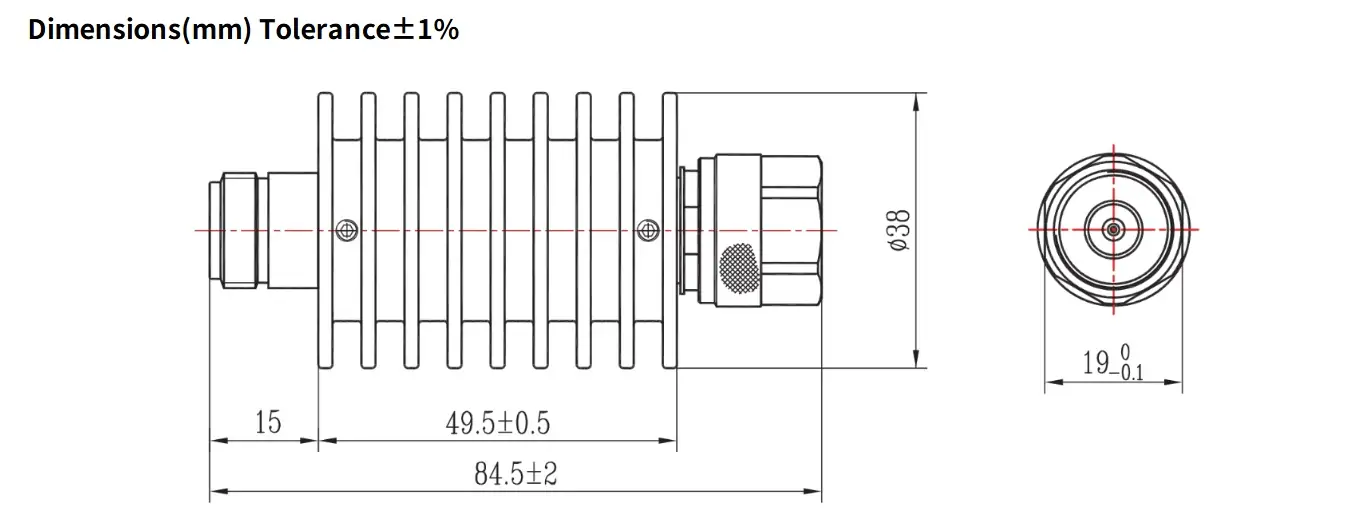 20dB Fixed Attenuator, N Male to N Female, 25Watts, DC-6GHz, Round, VSWR1.25